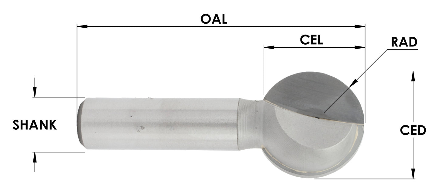 C/T 2 flute Ball Cutting Bit, 1/2" Rad x 1" CED