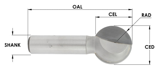 C/T 2 flute Ball Cutting Bit, 3/16" Rad x 3/8"CD