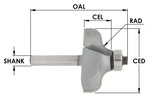 C/T Ogee 1/4 Rad x 1 1/2 CD x 11/16 CL-1/4 Shk x 2-1/8" OAL