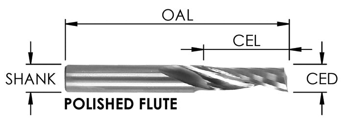 O FLUTE 1FL UPCUT ( POLISHED) SOFT PLASTIC: 1/16 CD X 1/4 CL X 1/4 SHK X 2 OAL